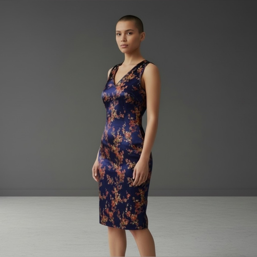 Vintage Asian Inspired Silk Floral Navy Dress